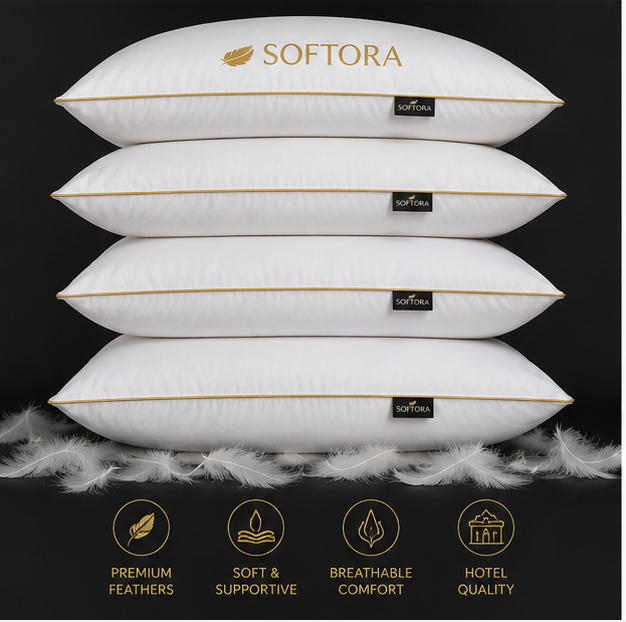 Luxury Goose  Feather Pillows – Soft & Supportive White Pillows with Elegant Golden Piping
