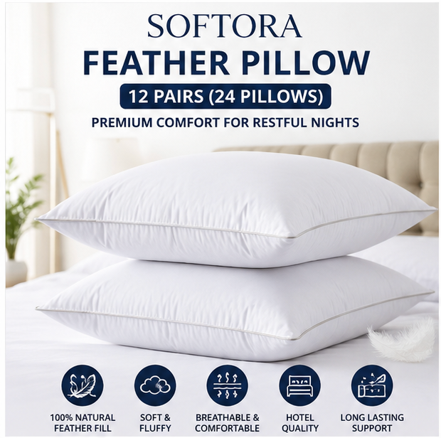 Premium Feather Pillows – 12 Pairs / 24 Pillows
