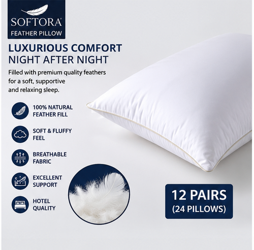 Premium Feather Pillows – 12 Pairs / 24 Pillows