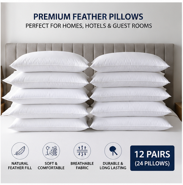 Premium Feather Pillows – 12 Pairs / 24 Pillows